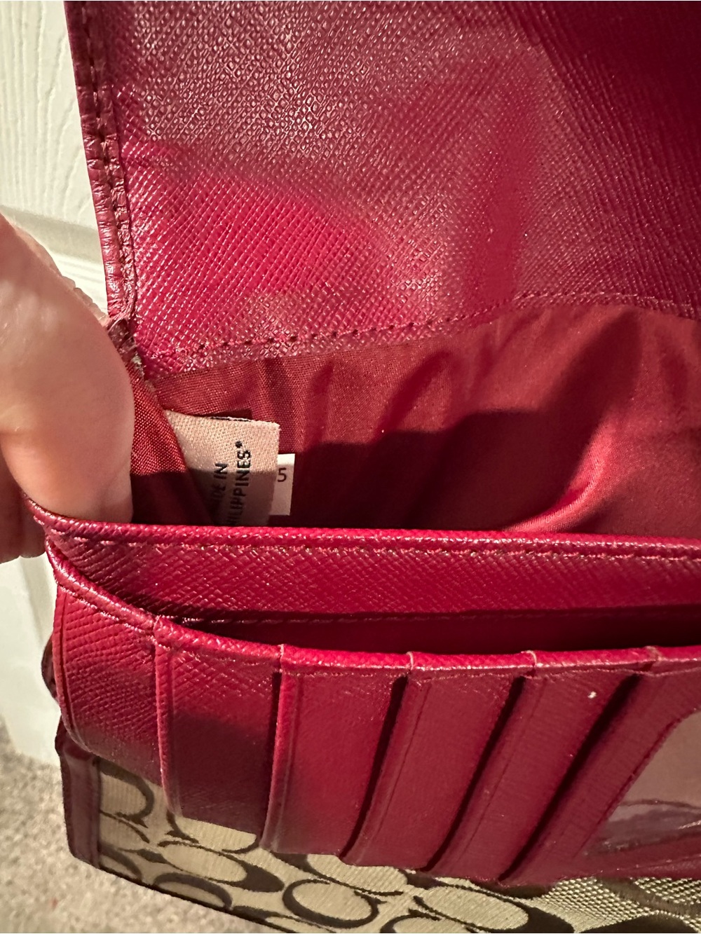 Coach Tan Signature Carrie Tote with Burgundy Leather Trim and Wallet - Picture 13 of 16